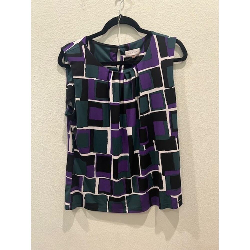 Calvin Klein Sleeveless Geometric Green Purple Black Blouse Women's Size XL